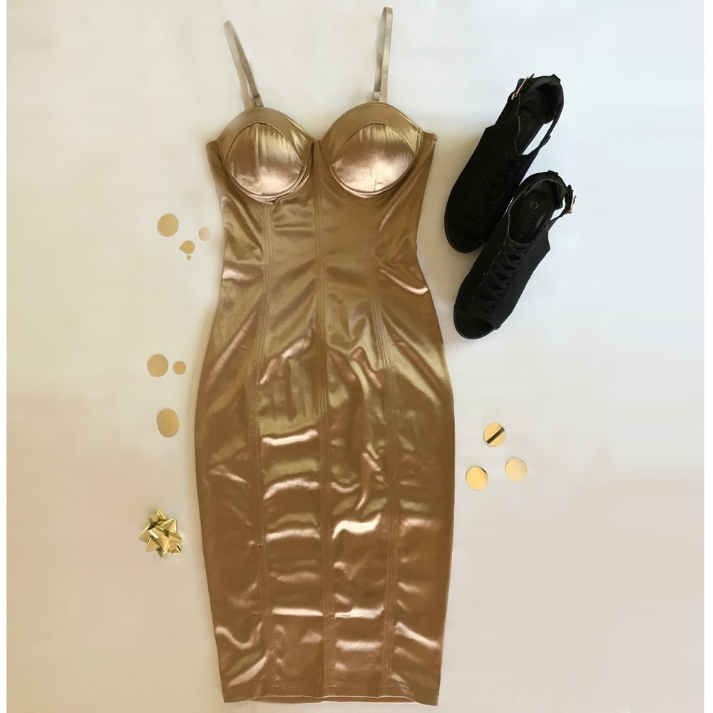 Gold Faux Satin Bustier Dress